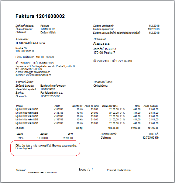 Náhled dokladu s neformálním a libovolným textem