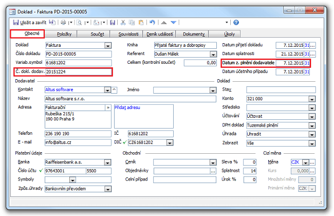 Dialog Doklad (přijatá faktura), karta Obecné