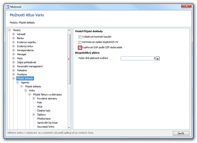 Nastavení pro modul Přijaté doklady v dialogu Možnosti Altus Vario