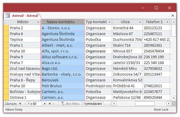 Zobrazit / skrýt sloupce